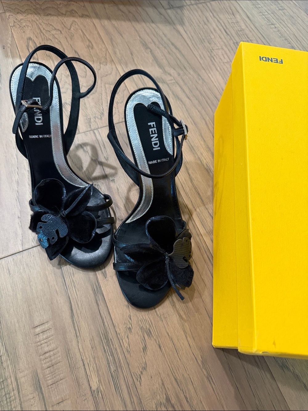 Fendi Black Floral Appliquรฉ Strappy Heels